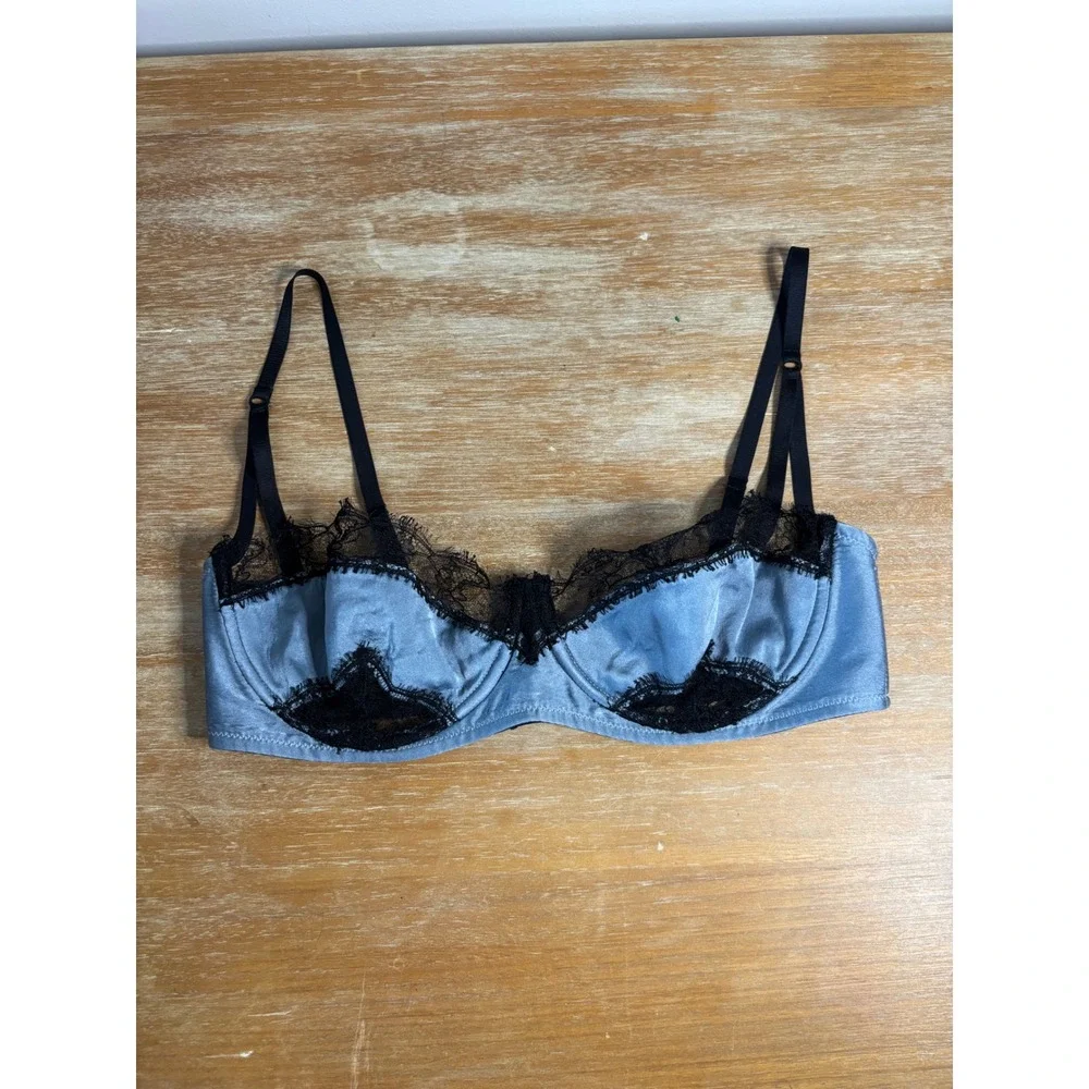 Kiki de Montparnasse Silk Lace Demi Bra Blue Black 34D Underwire Lingerie USA